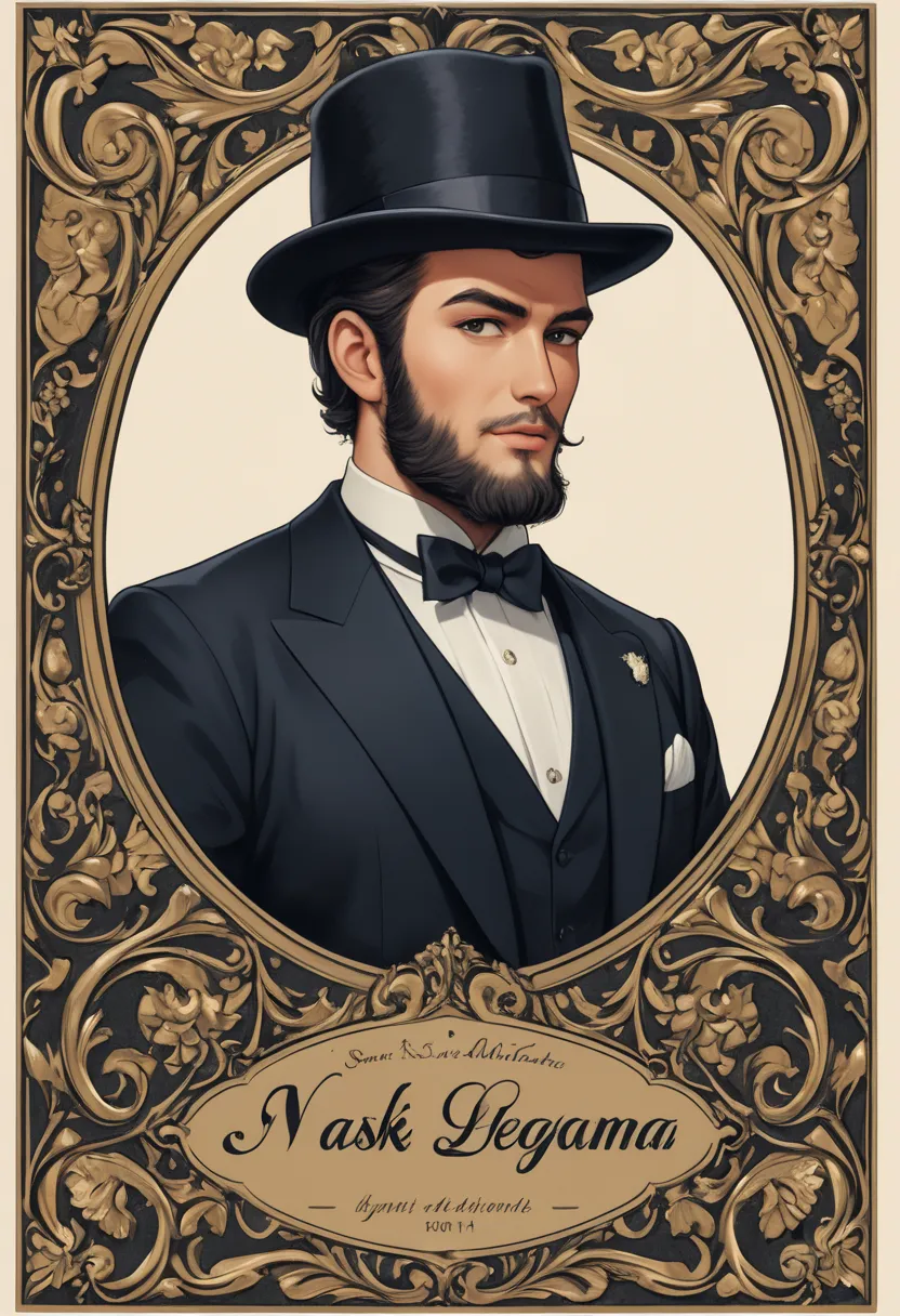 Bottle label, exqusite, best quality, depicting elegant man in formal suit, with sideburns and hat. Text written in historic elegant fonts "NASK żegna Adama". Printable