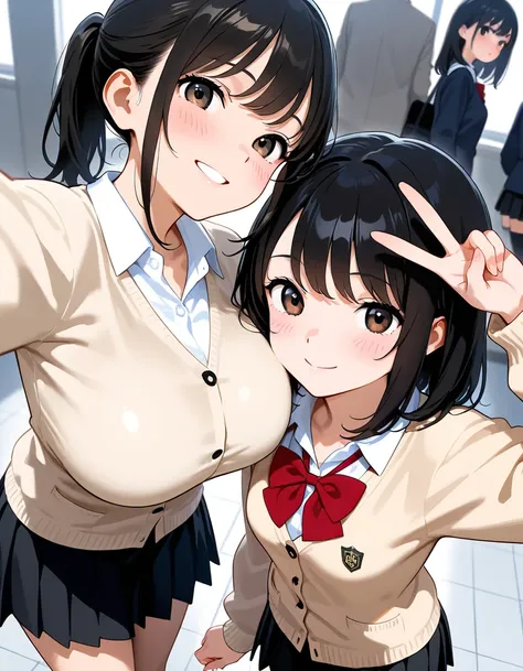  black hair, school uniform,beige cardigan,white shirt, Long Sleeve,black skirt, 2girls,  MULTI GIRLS ,big breasts,small breasts,ponytail for men, medium hair,Selfie,v sign,blush,smile,happy