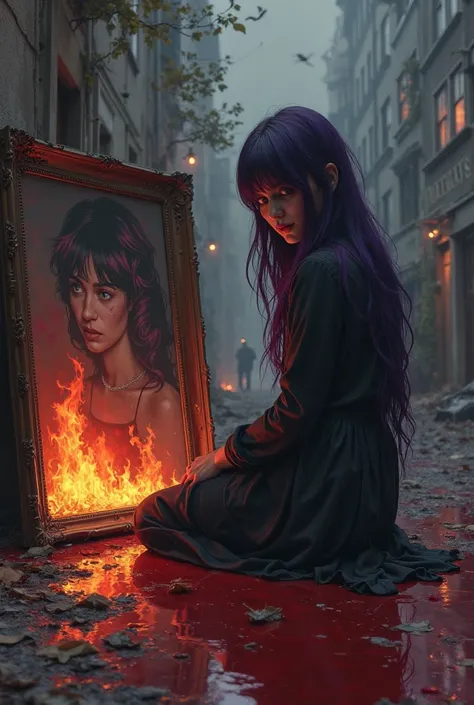 Can you make me a photo, and the photo will be mina, and her hair is long and the tip of her hair is purple and her eyes are blood red and in the back there is someone who looks nervously at her and her burning portrait in the back is the abandoned state o...