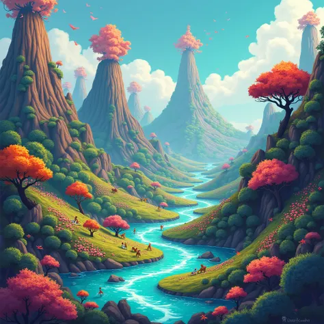 

 trees, volcanoes, and rivers.
unique textures and illustrations. The style should be playful, cartoonish, and highly detailed, with a friendly and adventurous theme.

