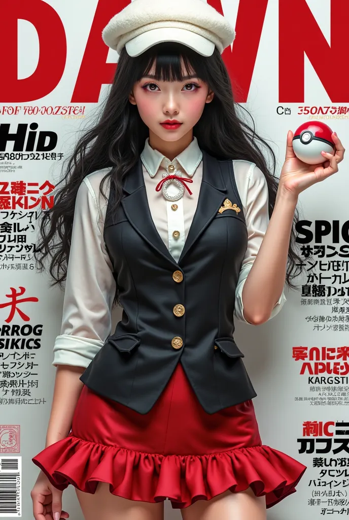 Create the cover of the fashion magazine Dawn Hikari real woman hyperrealistic Hyperrealism as the protagonist of the cover and with background texts as if it were a real magazine. hyperrealist a.  hyperrealism. live action magazine. big breasts. black hai...