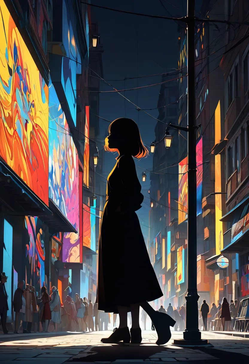 Beautiful figures created by street lights, Create an abstract digital art piece that focuses on the interplay of light and shadow, The scene features a realistic streetlamp casting a bright sharp glow illuminating the silhouette of a lone individual stand...