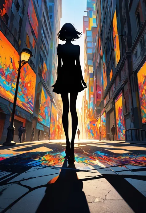 Beautiful figures created by street lights, Create an abstract digital art piece that focuses on the interplay of light and shadow, The scene features a realistic streetlamp casting a bright sharp glow illuminating the silhouette of a lone individual stand...