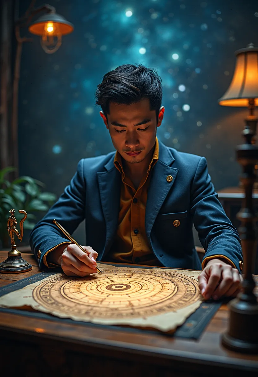 (Thai male astronomy),  30 years old, . Astronomy is interpreting fate on a complex star chart., with an ancient rune and a symbol next to it.. . The background is a flickering image of a galaxy, whole body, (photography),  360-degree panoramic view , Awar...