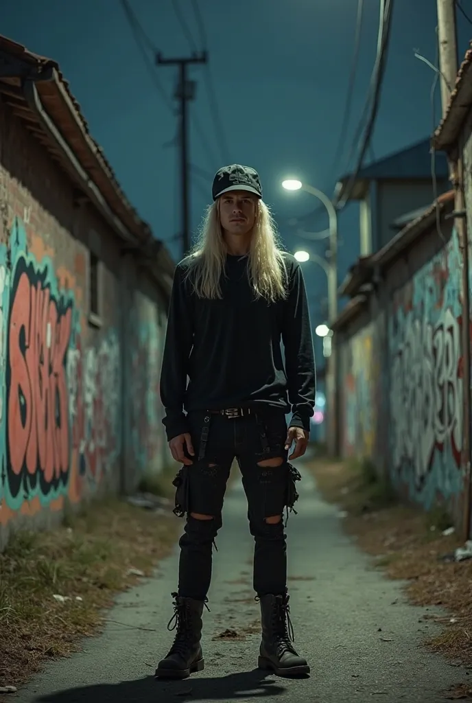 Ultra-realistic panoramic long-distance photo detailed 4k, white man long blond hair, With straight flap cap , dress in black, rocker , trousers ripped at the knee, And Military boot, realistic photo standing on a suburban street, with graffiti walls, with...