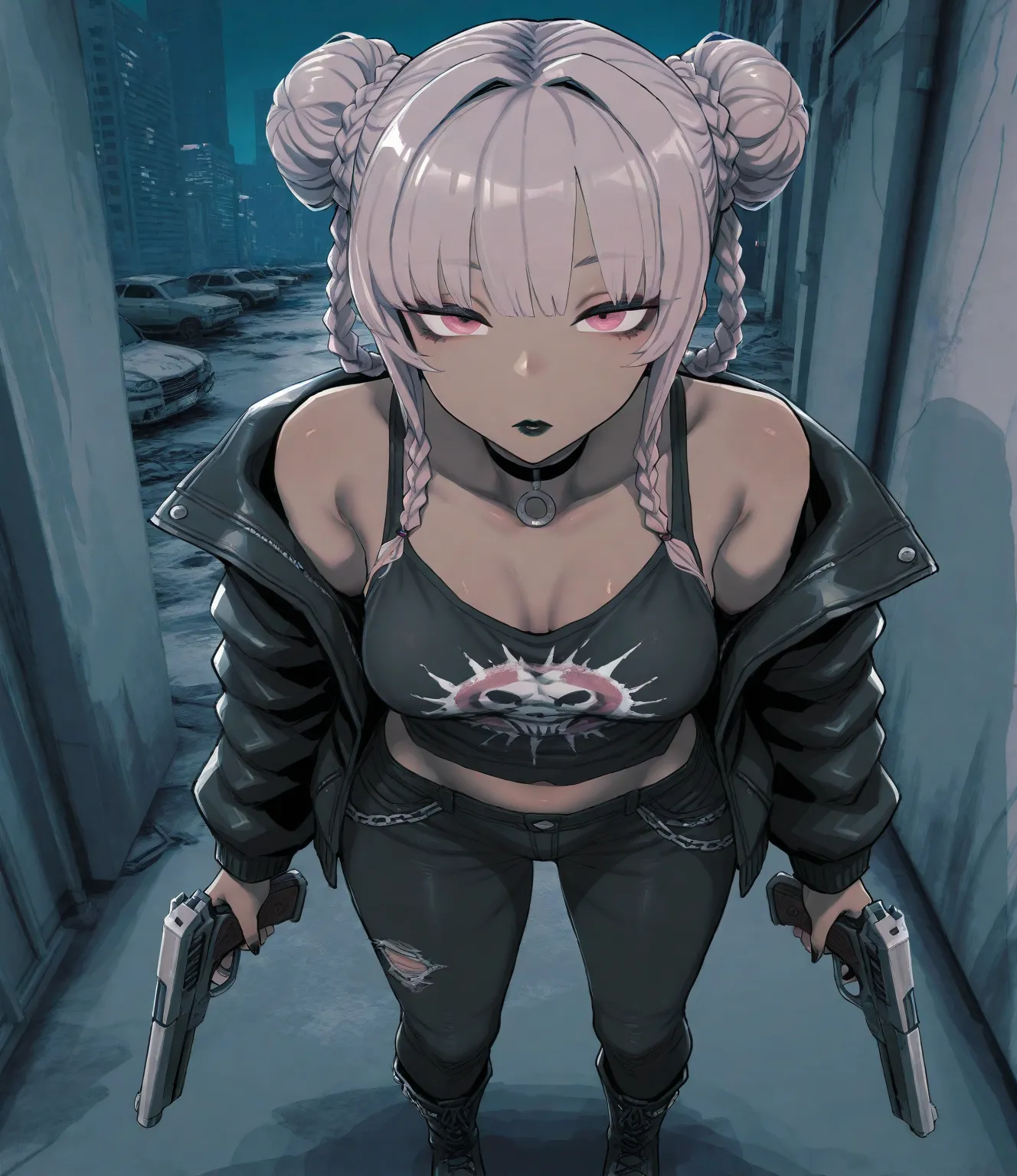 Deadflow style, solo, looking at viewer, face focus, (brown skinned), night, ruined city, ragged black pants, black boots, cropped black tank top, slim, medium breasts, dual pistol guns, off shoulder black jacket, black choker, black lipstick, thick eyelin...