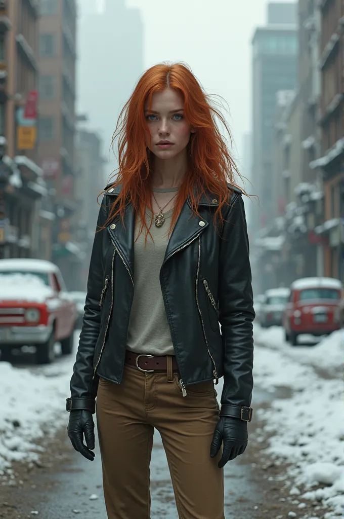 Red-haired girl dressed in khakki pants and a black leather jacket against the backdrop of a post-apocalyptic winter ruined city 