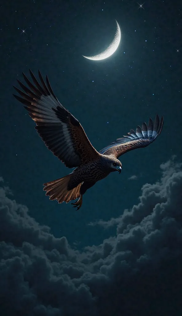 A hawk flying in the darkness