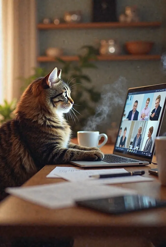 1. A Cat Working from Home
Picture a fluffy tabby cat sitting upright at a neat desk, surrounded by papers and office supplies. The cat’s paws delicately type on a laptop, with a mouse and keyboard set up in front of it. A steaming mug of coffee sits nearb...