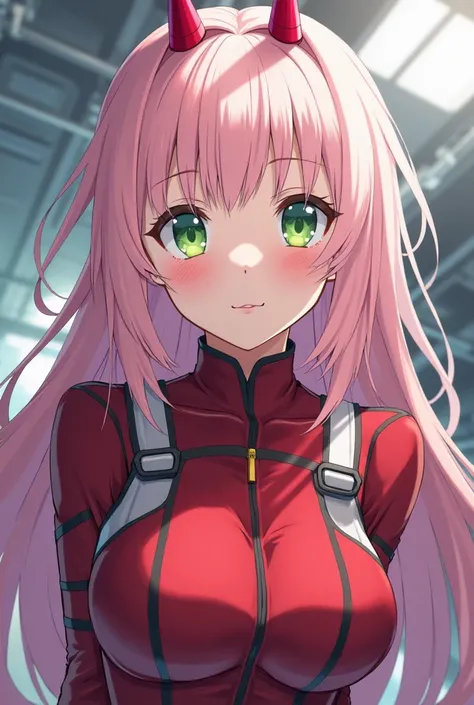 full body heas to toe, she is a full post op trans mtf girl, Create an illustration of Zero Two from Darling in the Franxx. She should have long, pale pink hair with her signature small red two horns on top of her head, green eyes, She wears her red milita...