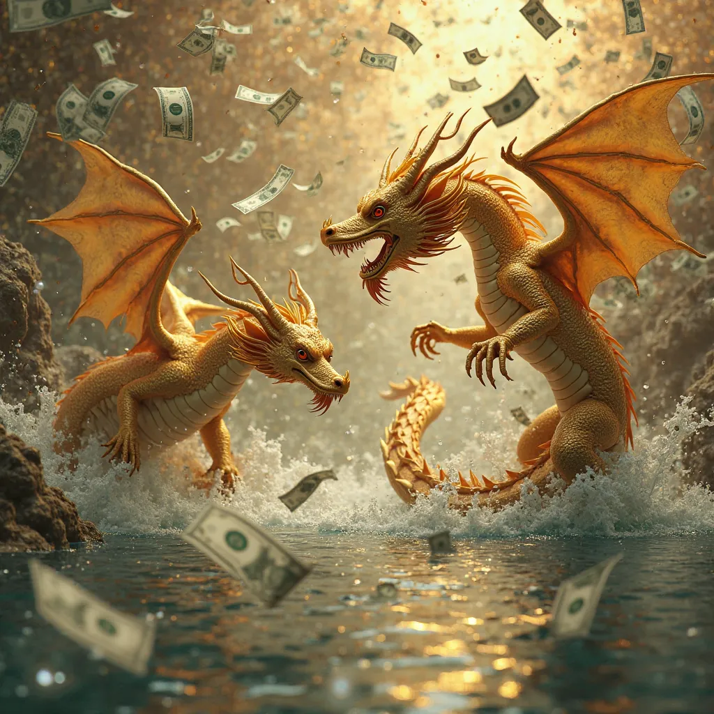 Generate golden dragons in the water during a dollar storm 