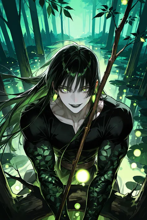 The guy with very long black hair, long black hair Bright green eyes fluttering in the wind , without bangs, pale skin, with narrow, oblong pupils, Glass retina,  black shirt with leaf patterns, strong muscular build, looks at the viewer, ajar dark lips, a...