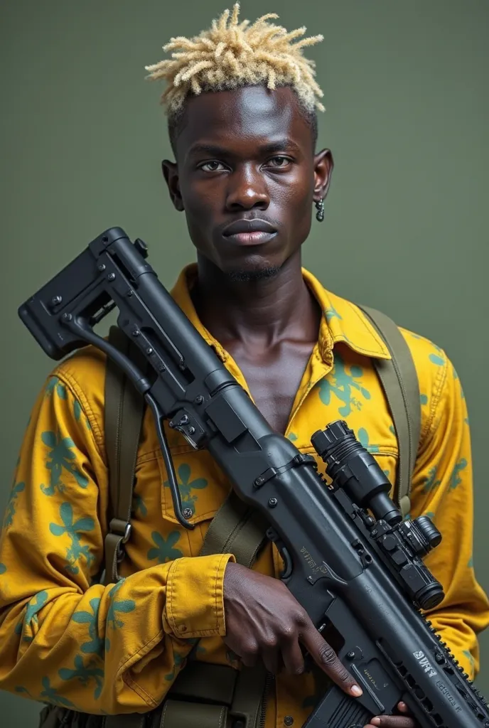 RWANDAN MALE SOLDIER, Blond face, blue eyes, not wearing a shirt, See ZigPex,, good figure, Yellow Green Mint Camouflage Long Sleeve Collar Shirt,Low Waist Belt Fastener, , Black skin, high resolution, precise,Holds a firing steel gun,Sweating,correct anat...