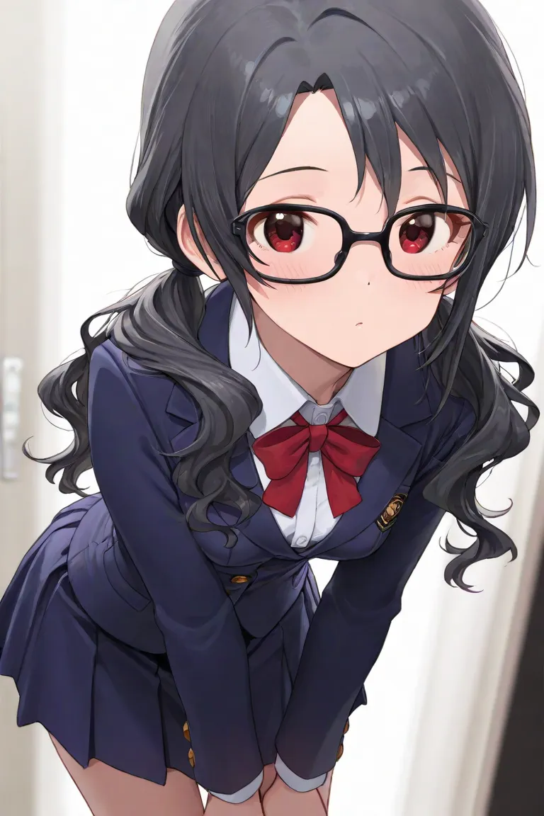  (8k, highest quality, masterpiece, very detailed, Ultra High Resolution, ) The Idolmaster Million Live Takayama Sayoko (black hair red eyes low twin tails long hair wavy hair black glasses  girl with small breasts ) The blazer skirt is bent forward and th...