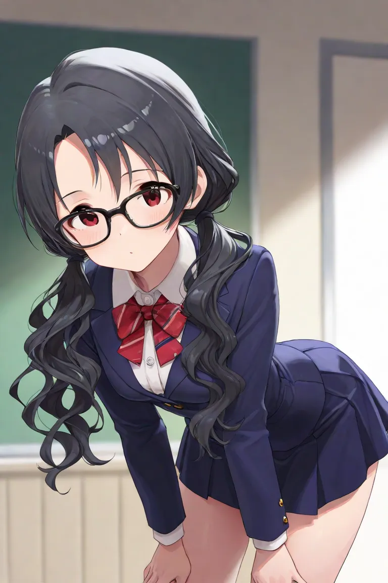  (8k, highest quality, masterpiece, very detailed, Ultra High Resolution, ) The Idolmaster Million Live Takayama Sayoko (black hair red eyes low twin tails long hair wavy hair black glasses  girl with small breasts ) The blazer skirt is bent forward and th...