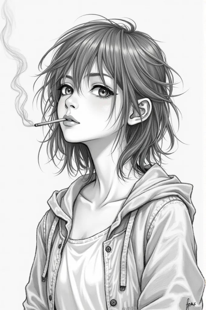 "A black-and-white pencil sketch of a young woman smoking a cigarette. She has a calm and contemplative expression, with her eyes slightly narrowed as she exhales a thin stream of smoke. Her hair is slightly messy, falling naturally around her face. She is...