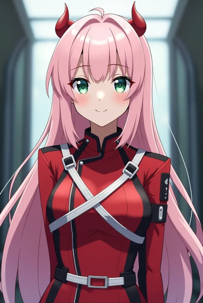 full body head to toe mirror photo, she is a full post op trans mtf girl, Create an illustration of Zero Two from Darling in the Franxx. She should have long, pale pink hair with her signature small red two horns on top of her head, green eyes, She wears h...