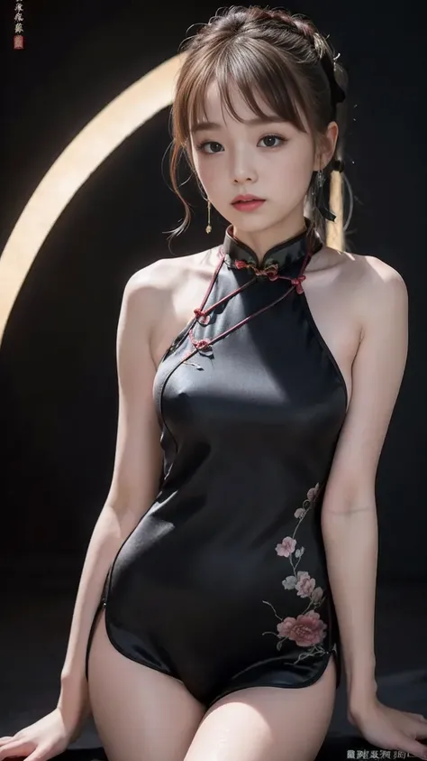 ( nsfw、 top quality, masterpiece, 16k, very detailed 、 beautiful skin , professional lighting ) 、black background、black background、cute chinese dress、 black china dress、cute girl、((())) 、small breasts、  stands and poses、(((black cheongsam、black cheongsam、b...