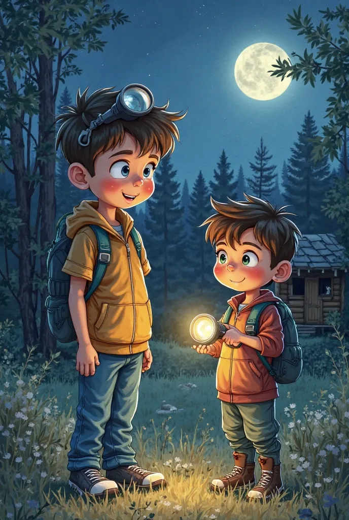 Realistic illustration in watercolor style, Of 2 boys,  lenses one higher than the other, the lowest one holding a flashlight pointing to the left side and a wooden cabin behind them in the background, Also that it's night and the moonlight waxing in the s...