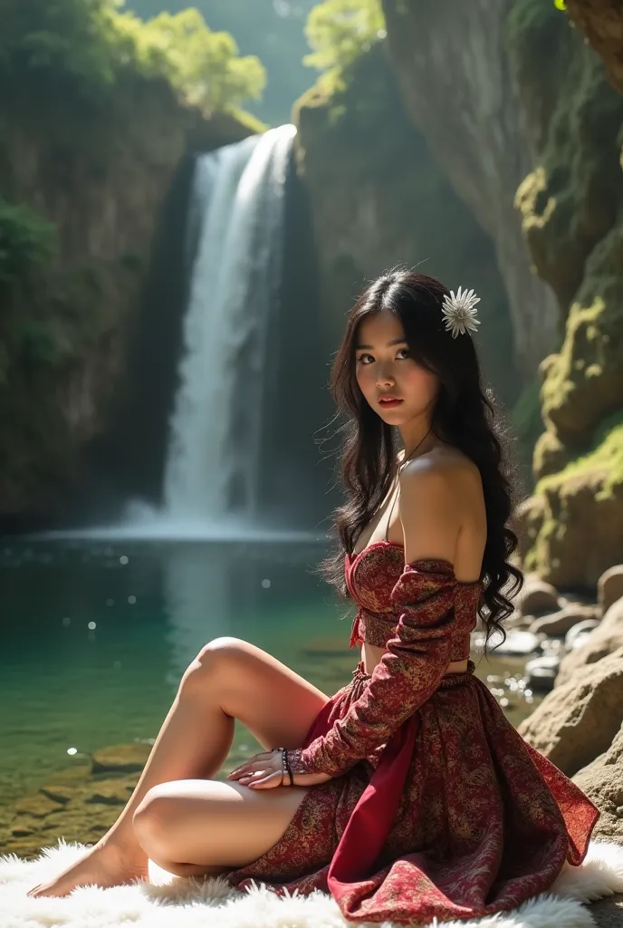 close-up ,Shades of a romantic natural rocky Warm Water pool,and waterfall ,front view,A Sundanese Woman Knight, Young and Beautiful ,Elegant black hair in classic vintage style,with elegant silver flower decoration,ideal perfect body,ideal beautiful solid...