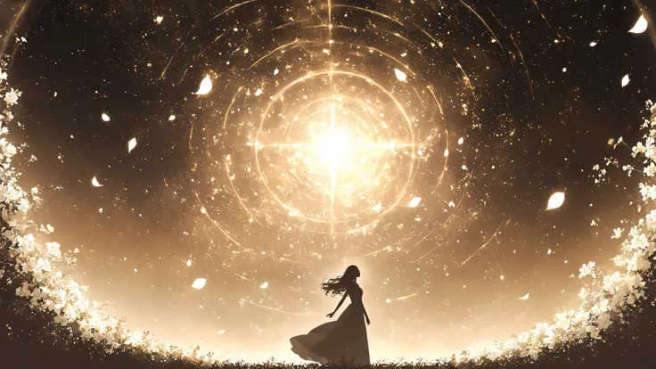 ((   glitter))、Shine絵 、 one woman,Black Silhouette, galaxy silhouettes ,シルエット内部がShine, Imaginary,grow up, white flower,Shine ,sepia,Unity,  光がShine  ,    can be seen from a distance  