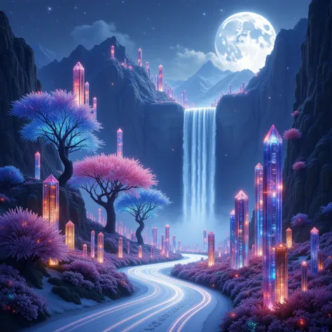 A large road goes out near the waterfall. High mountains have flowing waterfalls, crystal flowers grow long stretches, ancient crystal trees have many flowers of all shimmering and fanciful colors. The delicate and detailed drawing style highlights the cry...