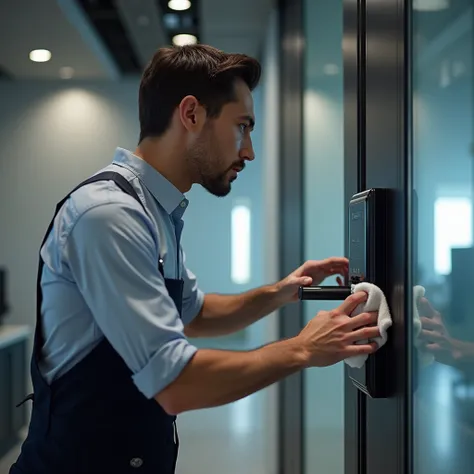 You are an expert in creating images., help me create an image of a man cleaning the electronic lock with a soft towel