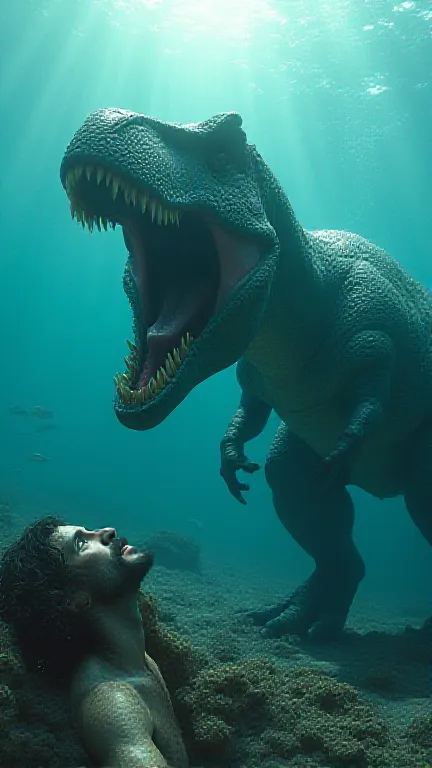 a dangerous, large, realistic t-rex dinosaur, powerful jaws open, teeth bared, attacking and killing jesus christ, who is lying on the seafloor of a deep, dark, underwater ocean scene, blue-green water, coral, schools of fish, sunlight filtering through th...