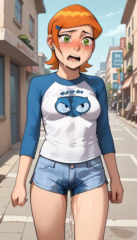 gwen, 1girl, solo, two-tone orange hair, short hair, long hair-bang, blue hairclip, blue stud earrings, green eyes, raglan sleeves, two-tone blue cat print shirt, medium breasts, embarrassed, blushing, crying, tears running down face, cowboy shot, breasts ...