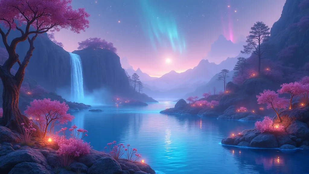 A dreamy and soothing fantasy landscape with soft glowing lights, floating islands, and a tranquil atmosphere. The scene features bioluminescent plants, a gentle waterfall cascading into a crystal-clear lake, and a sky filled with shimmering stars and auro...