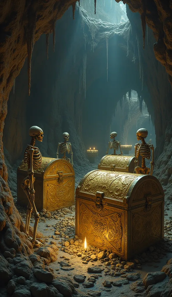 golden chests between skeletons in a cave