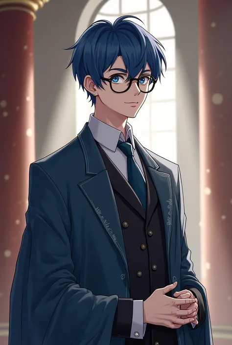 Create a soft blue haired anime guy, short hair, a scholar, royalty but decent, formal, with glasses, a medic