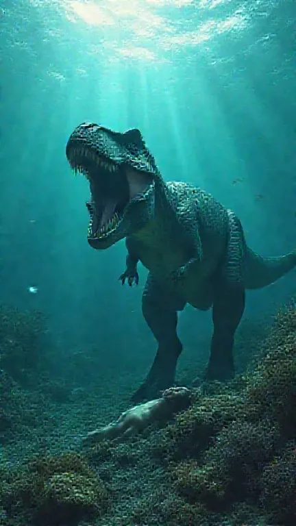 a dangerous, large, realistic t-rex dinosaur, powerful jaws open, teeth bared, attacking and killing jesus christ, who is lying on the seafloor of a deep, dark, underwater ocean scene, blue-green water, coral, schools of fish, sunlight filtering through th...