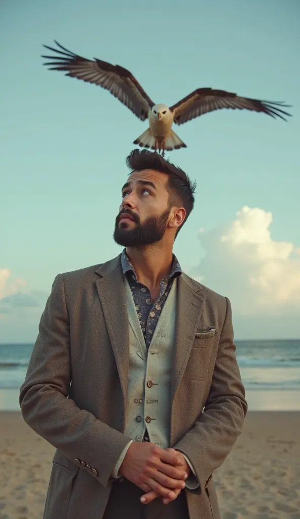 "A handsome man, dressed stylishly but comfortably, with staring eyes, looks at a bird that is about to soar. His face is full of anguish and longing. is seen in the background, the horizon open and blue, and the man has his hands clasped gently together."