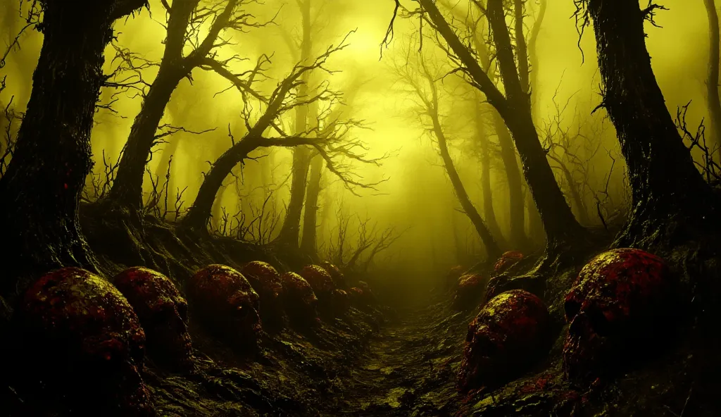 (best quality, 128k,highres,masterpiece:1.2),ultra-detailed,(realistic,photorealistic,photo-realistic:1.37), ((masterpiece)) ((photography)) ((Highest quality)) A terrifying, nightmarish forest shrouded in dense, yellow fog. The twisted, gnarled trees are ...