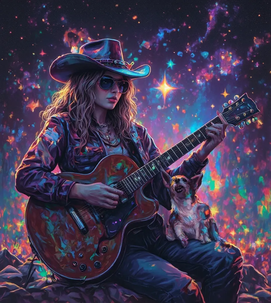 Beautiful western style woman and cute corgi dog in sunglasses、, Alone, Playing a Deformed Guitar , Mysteriously shining star,  RIDE ON STAR STAGE , galaxy expression ,   Glow Line Art Wallpaper  ,  Superimposed Paper Cutting Technique , Fantastic rainbow ...