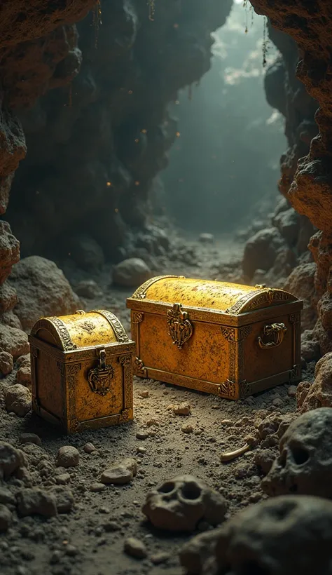 golden chests between human remains in a cave