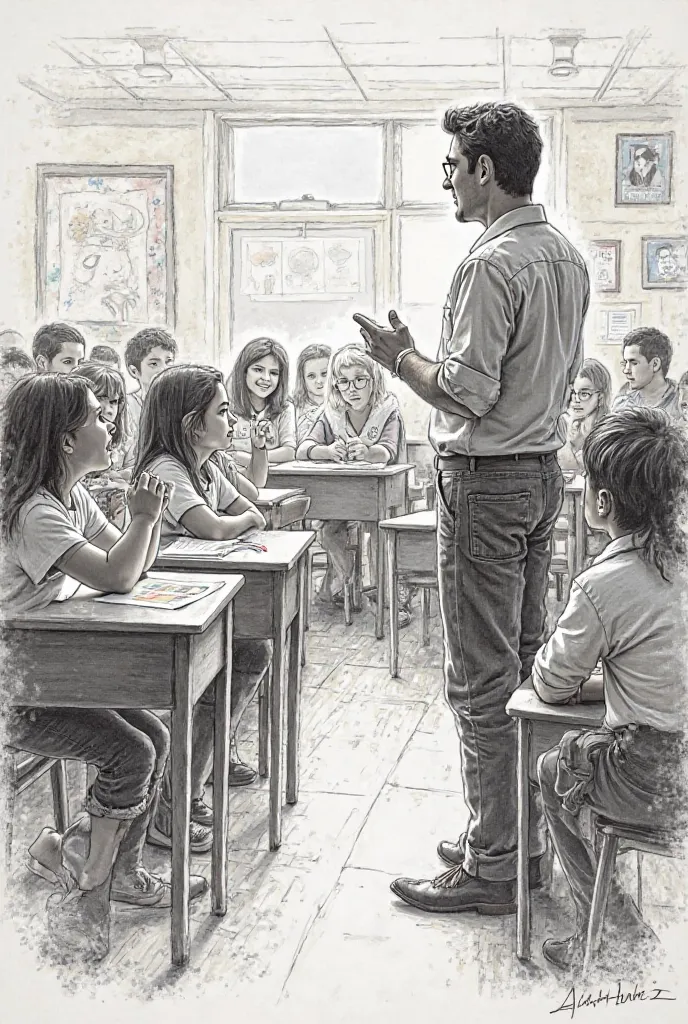 please create me a classroom perspective with students and teacher in a drawing form