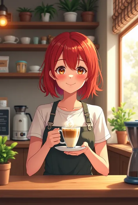 Anime women working on coffee shop and holding a cup of cappuccino with red hair and frikels and brown eyes and she's 20