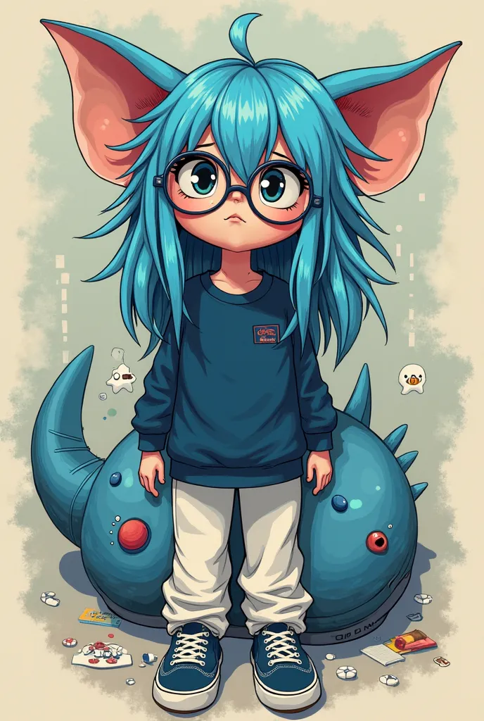 PS2 model seen from top to bottom of a ager with blue hair an axolotl tail axolotl ears round glasses a dark blue long-sleeved shirt with white pants with dark blue Vans sneakers.