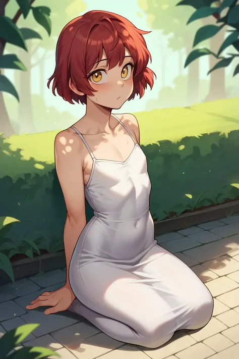 check_9, check_8_ upwards, check_7_ upwards,   1 person, One, looks at the viewer, qitten , red hair, short hair,  yellow eyes, flat chest, , alone, white dress, tights ,  is worth,  green, outdoors, dappled sunlight, full body,  is worth , depth of field,...