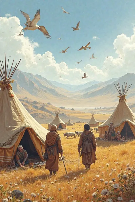 A tribe living in large tents in ancient times in the steppe and bird bskil
