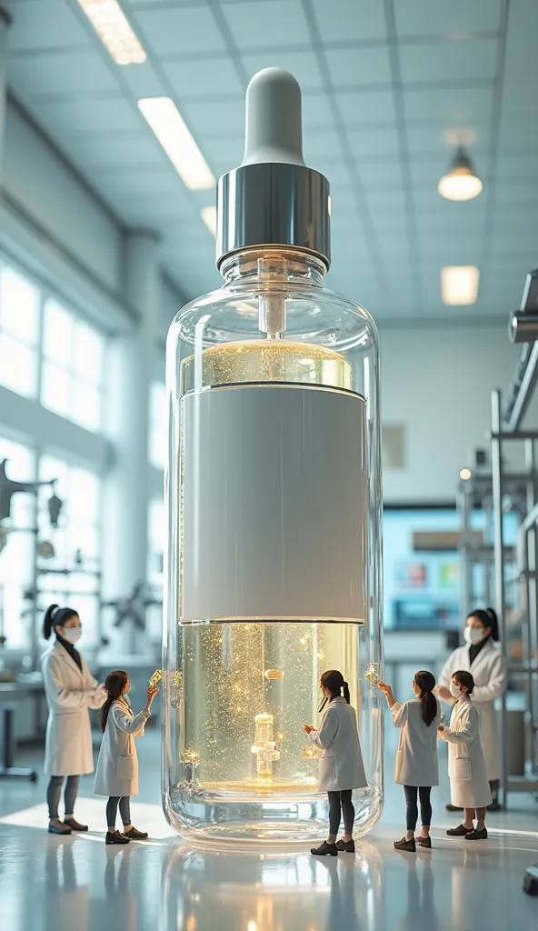 a big serum bottle and many miniature lady employees working on the serum bottle top and bottom in a cosmetic lab