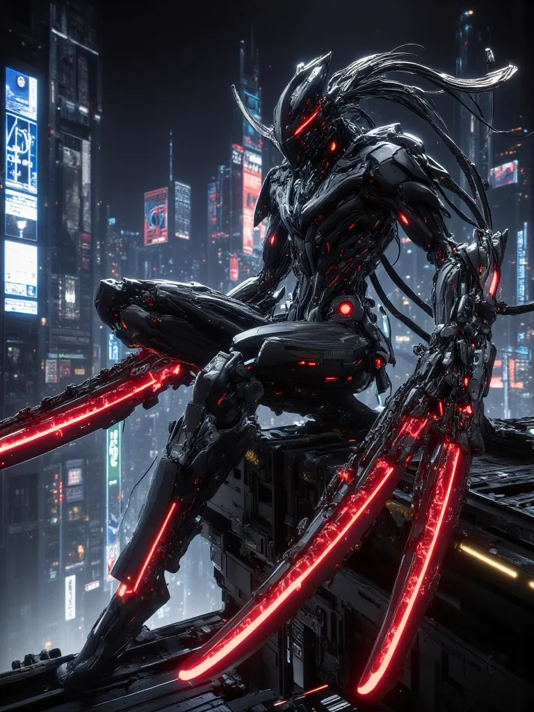 "A sleek, futuristic assassin droid cloaked in adaptive camouflage, its body a fusion of matte black nanotech and glowing red circuitry. Its eyes are two piercing crimson slits, scanning for its next target. Armed with dual energy blades that hum with dead...