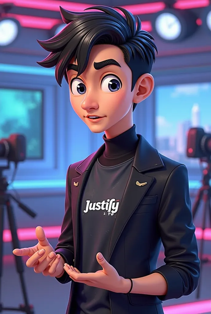 "A stylized cartoon-like male news presenter with a youthful, energetic appearance, resembling a 15-year-old but with slight cartoon characteristics. He has longer, messy black hair, sharp features, and a confident, professional look. His face should be sl...