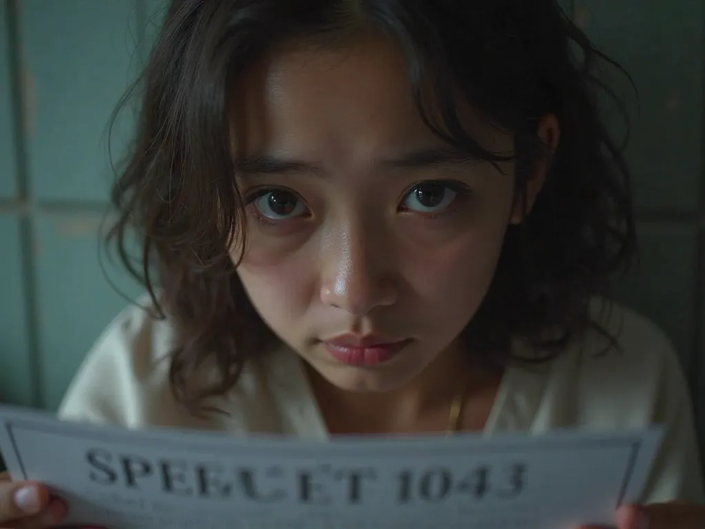 close-up of Nina with a worried expression, her hands shaking slightly, as she looks at a poster of the speech competition.