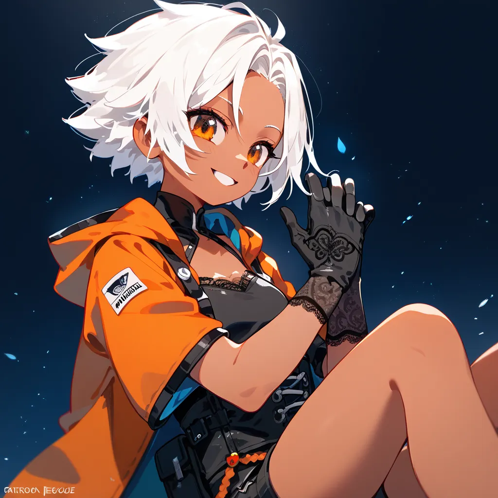  girl, white hair, short hair ,Tomboy,cute,Orange kimono,Black Long Gloves,Lace gloves,medium chest,Lonely,smile, dark edges,Tanned,Shorts