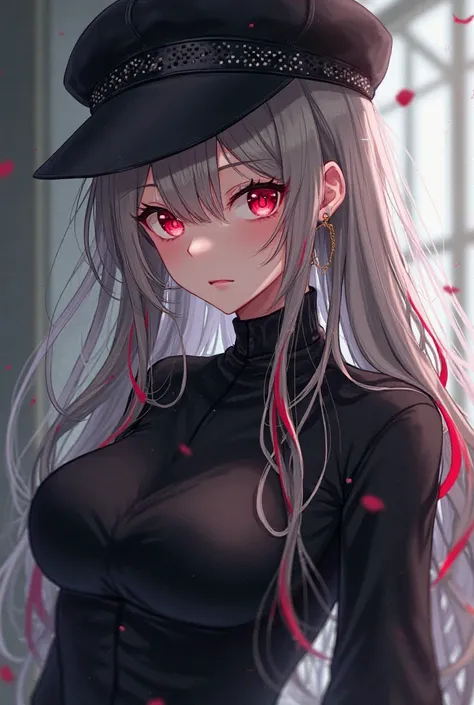 A girl in black clothes and big boobs with gray hair with red parts and a small black perforated bride hat anime