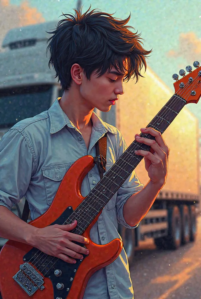 Young man playing guitar, and there's a new truck in the back