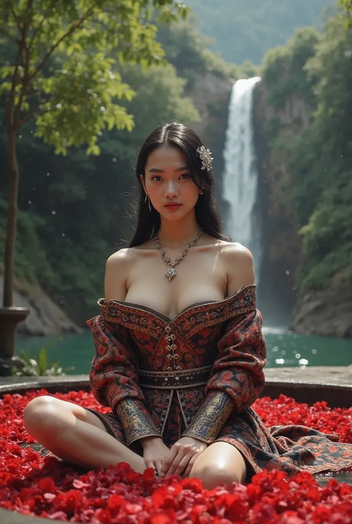 close-up ,Nuanced Natural Rocky Smoky Warm Water Pool Full of Red Rose Petals,and waterfall ,front view,A Sundanese Woman Knight, Young and Beautiful ,Elegant black hair in classic vintage style,with elegant silver flower decoration,ideal perfect body,idea...